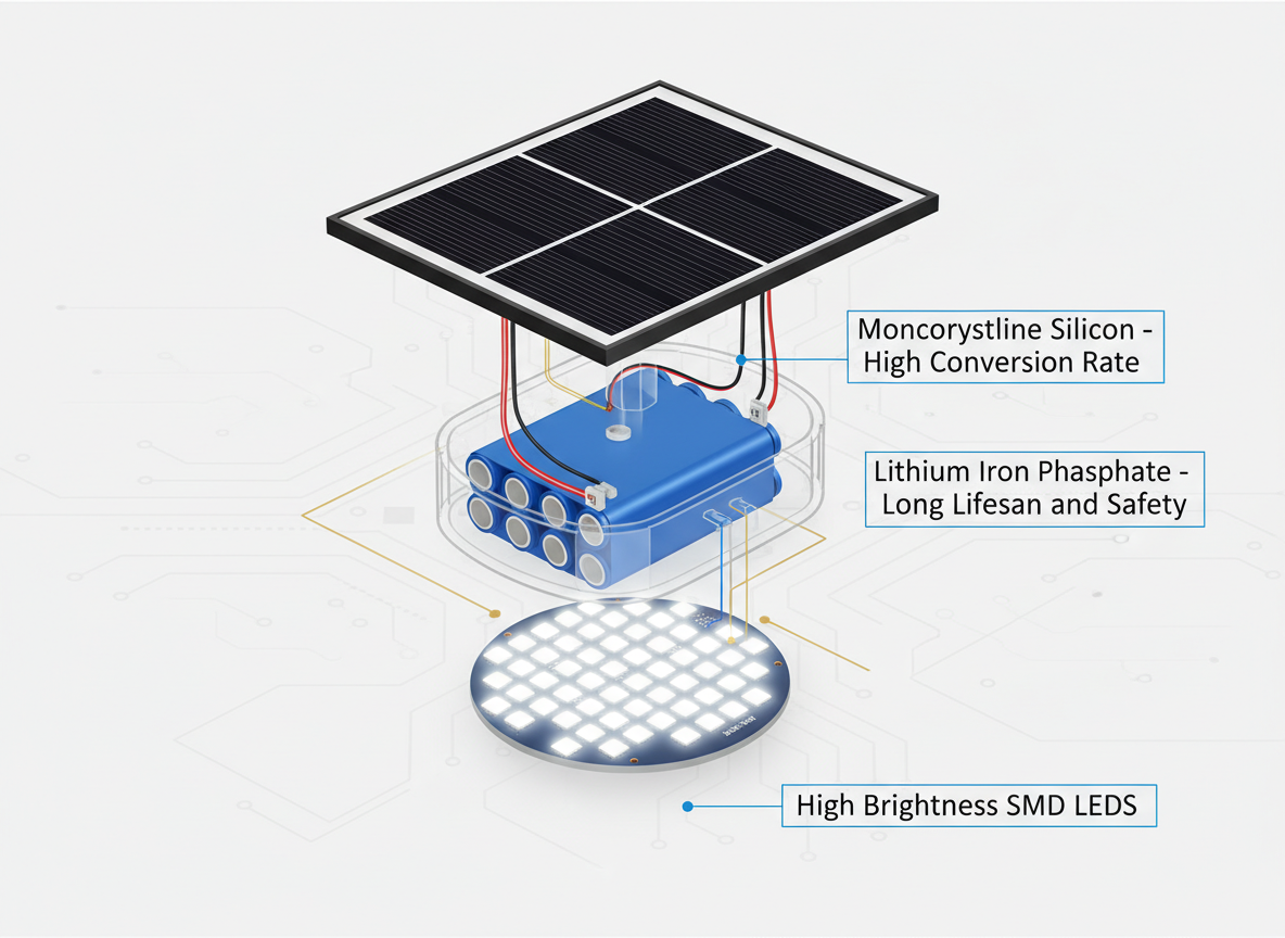 太阳能灯核心组件技术解析图：展示了纯黑色的单晶硅太阳能电池板、蓝色的磷酸铁锂电池组和密集的SMD LED贴片灯珠阵列。