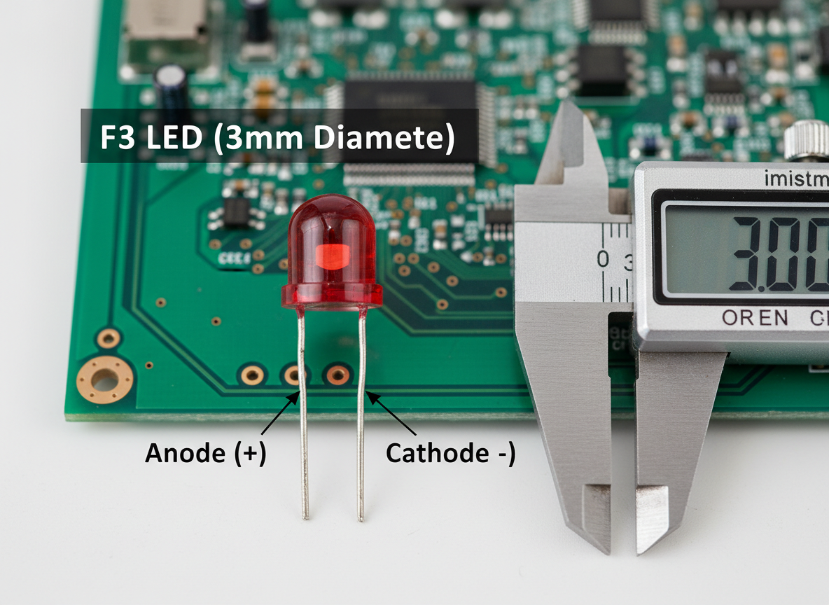 F3直插LED灯珠在工作台上的特写，强调其3mm直径、引脚极性及专业应用场景。