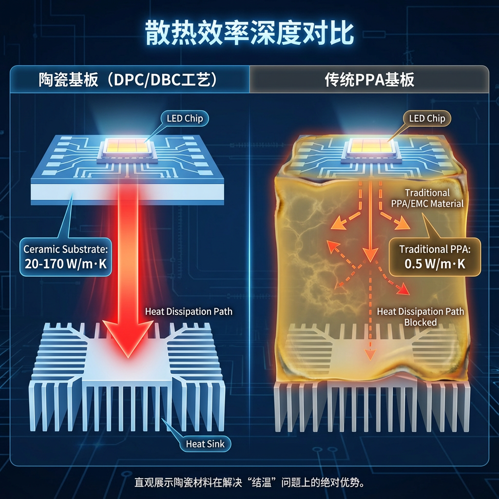 陶瓷基板与传统PPA基板散热效率对比，强调陶瓷材料高导热优势