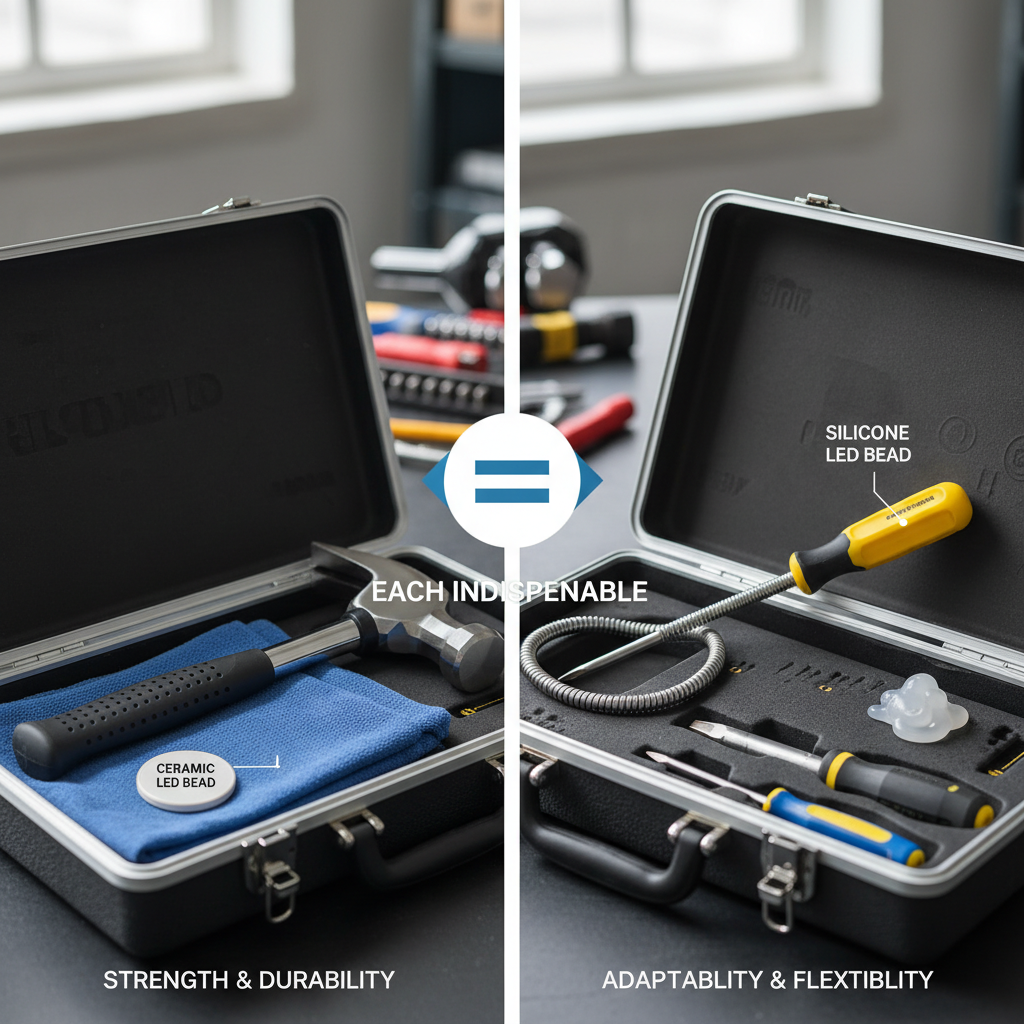 工具箱中的锤子和螺丝刀,象征陶瓷灯珠和硅胶灯珠各有独特用途