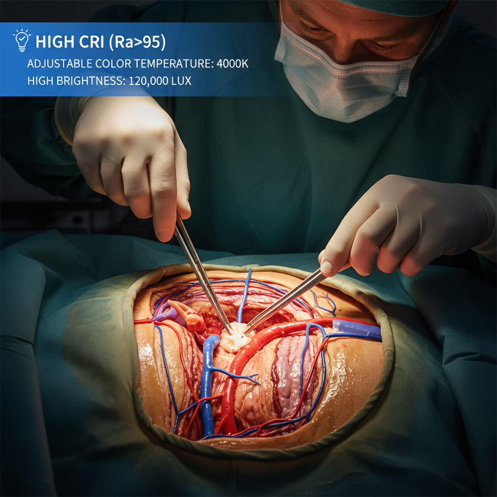 手术创口特写,医生专注操作。无影灯下,血管、组织色彩鲜明。画面叠加半透明UI,显示高CRI (Ra>95)、可调色温 (如4000K)、高照度 (120,000 Lux),强调优质照明对医生精准辨识的价值。