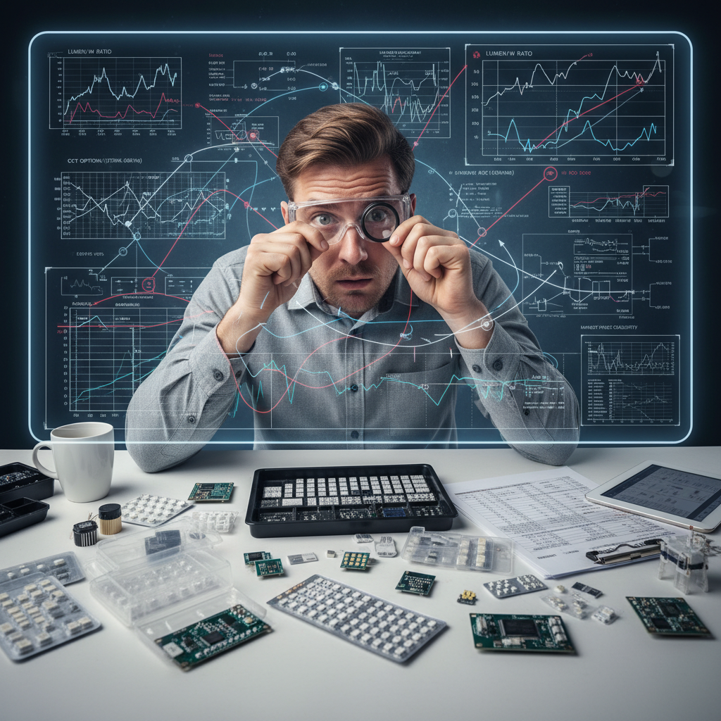 描绘一个专业人士(例如工程师或采购经理)站在一个布满各种LED灯珠样品的工作台前,他表情略带困惑,手中拿着一个放大镜,背景是抽象的技术图表和市场数据,强调选择的复杂性。