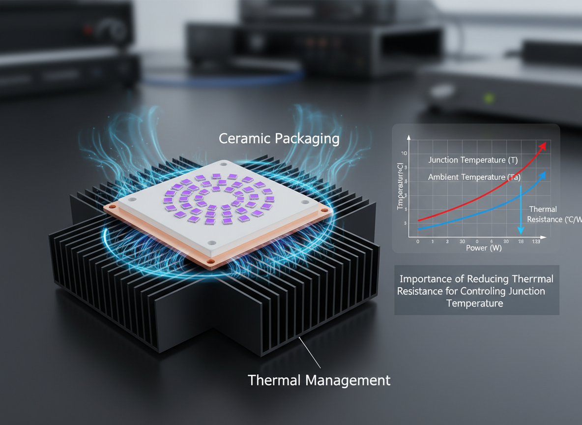 一张10W UV LED与陶瓷封装的特写，突出其散热设计。LED灯珠与大型散热器连接，散热器周围有空气流通动画，用图表展示热阻和结温概念，标注降低热阻对控制结温的重要性。