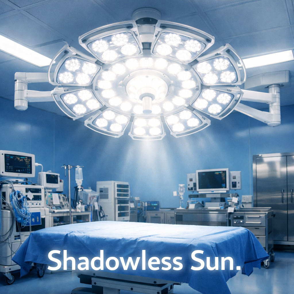 现代手术室的广角视图，焦点是天花板上一盏巨大的多头LED无影灯，发出明亮而柔和的白光，如同“天花板上的太阳”。光线均匀地覆盖在手术区域，背景是整洁的蓝色医疗环境，画面展现出科技感与生命的希望。