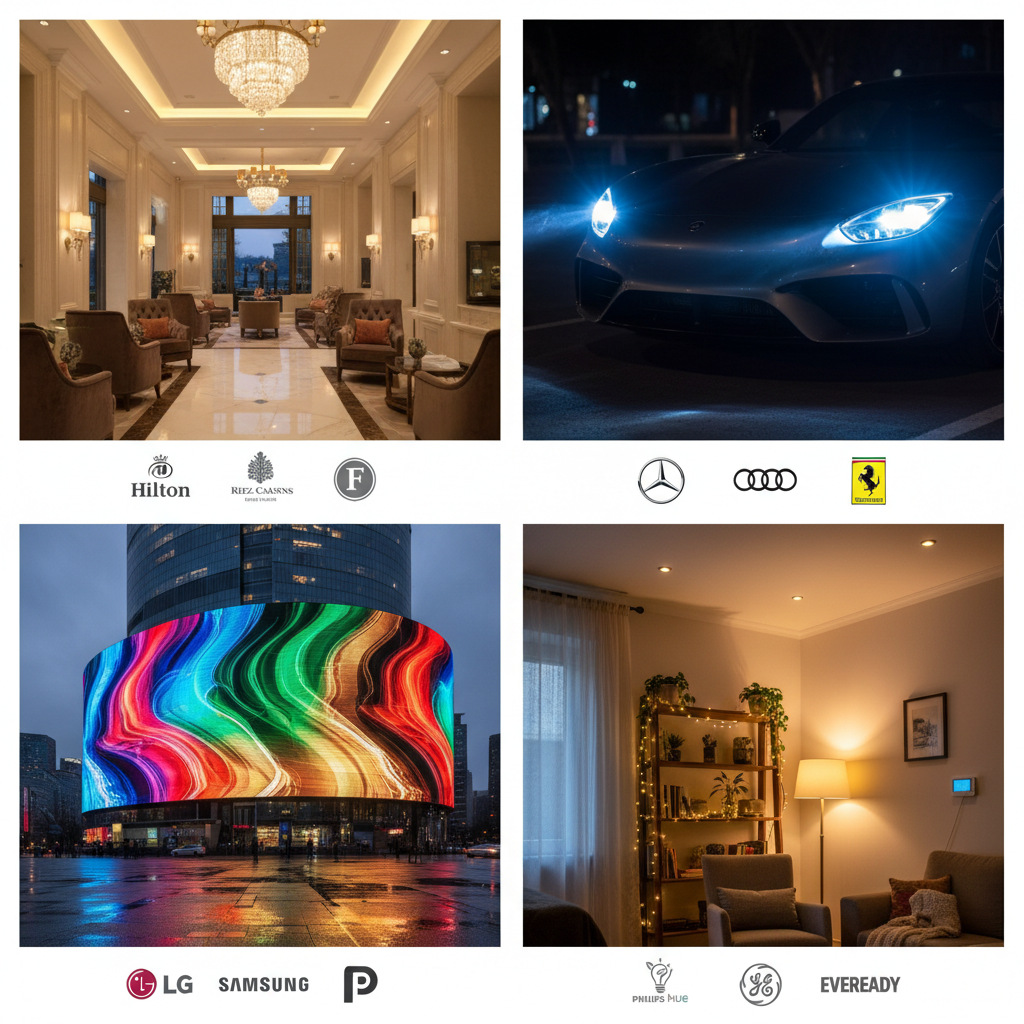制作一个四格画面的拼贴图。第一格:豪华酒店大堂的柔和照明。第二格:汽车犀利的LED前大灯特写。第三格:一个户外大型LED显示屏播放着鲜艳内容。第四格:温馨家居环境中的节能照明。每个场景下方附带对应的代表品牌小图标。