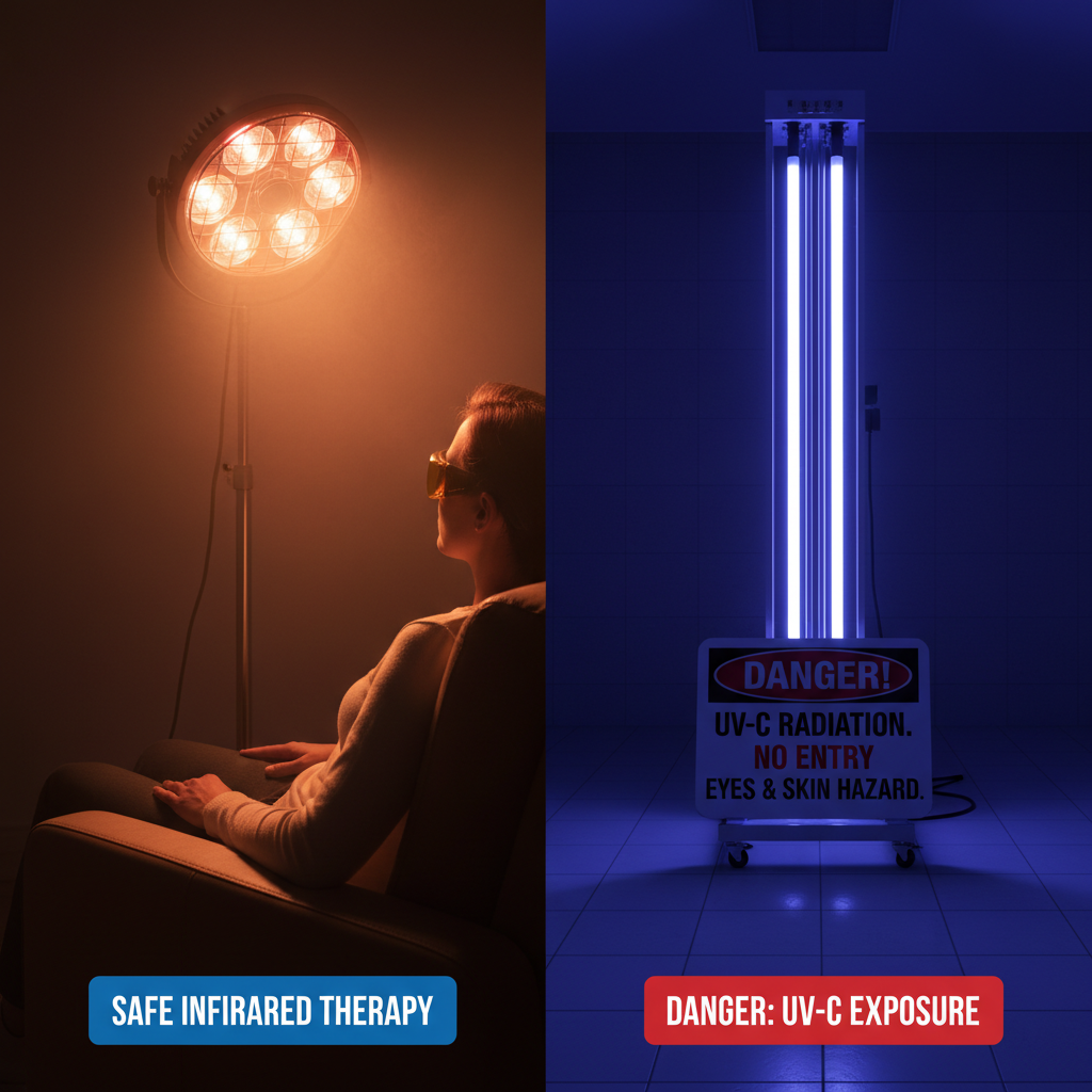 一张对比鲜明的双联图。左侧展示安全使用红外灯的场景:一个人保持适当距离,佩戴护目镜,享受红外灯带来的温和热疗;右侧则是一个带有醒目“禁止”标志的紫外线灯(UV-C)照射人体,强调紫外灯不可直接照射人体的危险性。