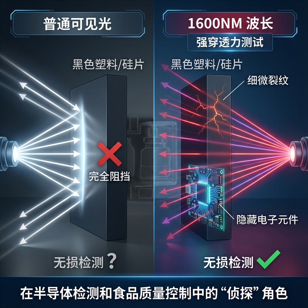 对比示意图，展示1600NM波长红外光穿透黑色塑料或硅片材料，清晰揭示内部细微裂纹或隐藏的电子元件，而普通可见光被完全阻挡。光线以发散的线性束表示其强穿透力。