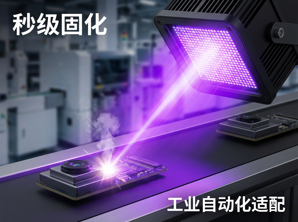 一个真实的工业应用场景：高压UVLED在自动化生产线上的固化过程。画面展示一个精密的电子元件（如手机摄像头模组）正在传送带上移动，上方安装的365-370nm大功率UVLED模组发出强烈的紫外光束，精准照射在涂有UV胶水的接口处。光束照射点呈现出“秒级固化”的视觉效果，背景是模糊处理的现代化工厂机器，强调高效生产和高能量密度的优势。文字标注：'秒级固化'、'工业自动化适配'。