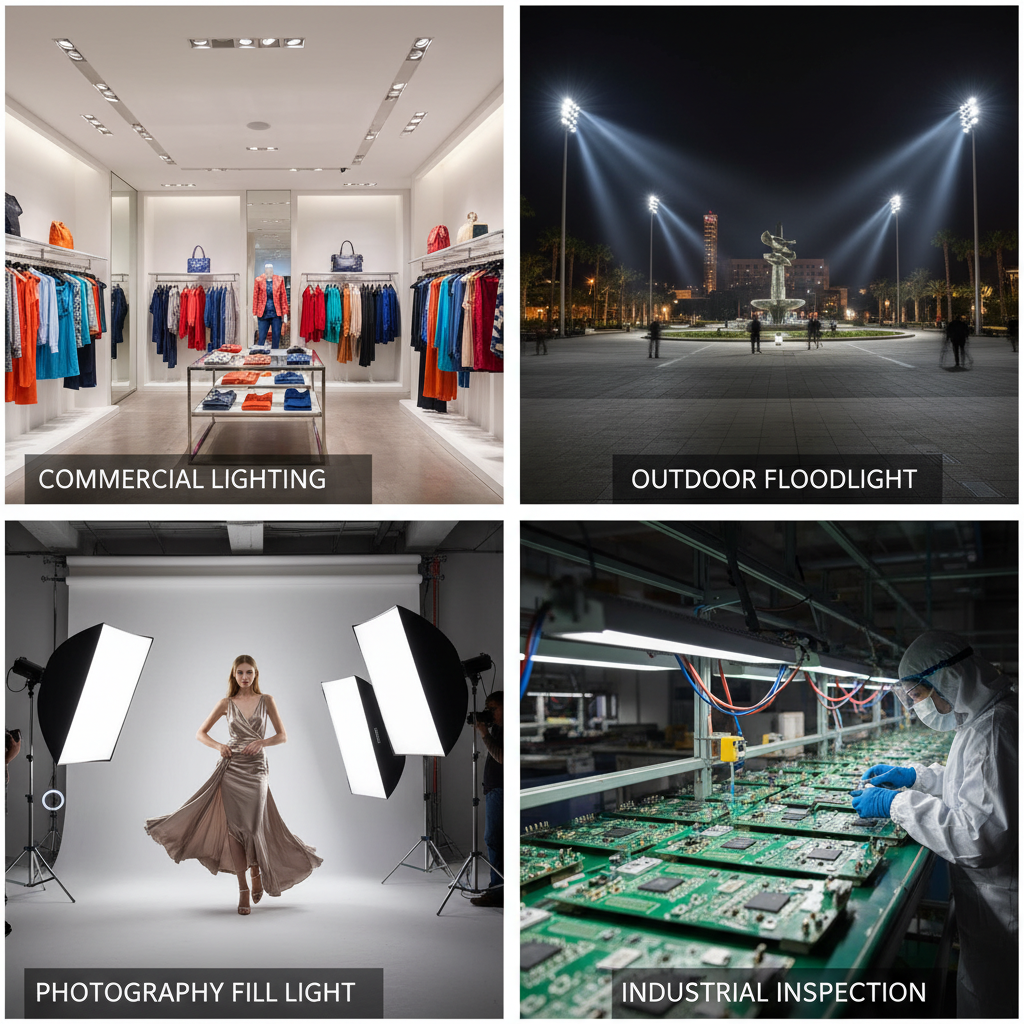 5050陶瓷LED灯珠的应用场景拼贴图，包括高端商业照明、户外投光灯、专业摄影补光灯和工业检测等。