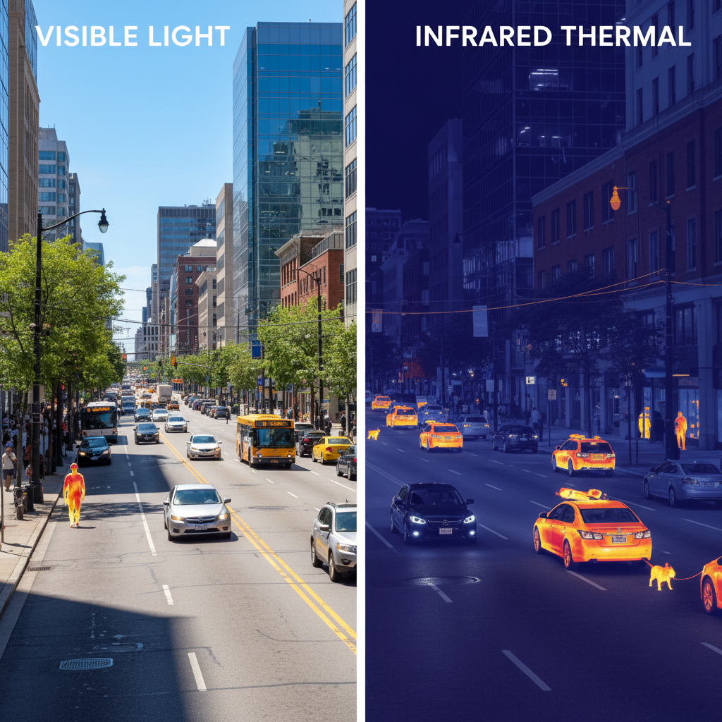 一幅对比图,左侧为白天的城市街道景象(可见光),右侧为同一场景在夜晚的红外热成像图,车辆和行人以热量分布颜色显示,展示红外热像仪在黑暗中“看”到温度的能力。