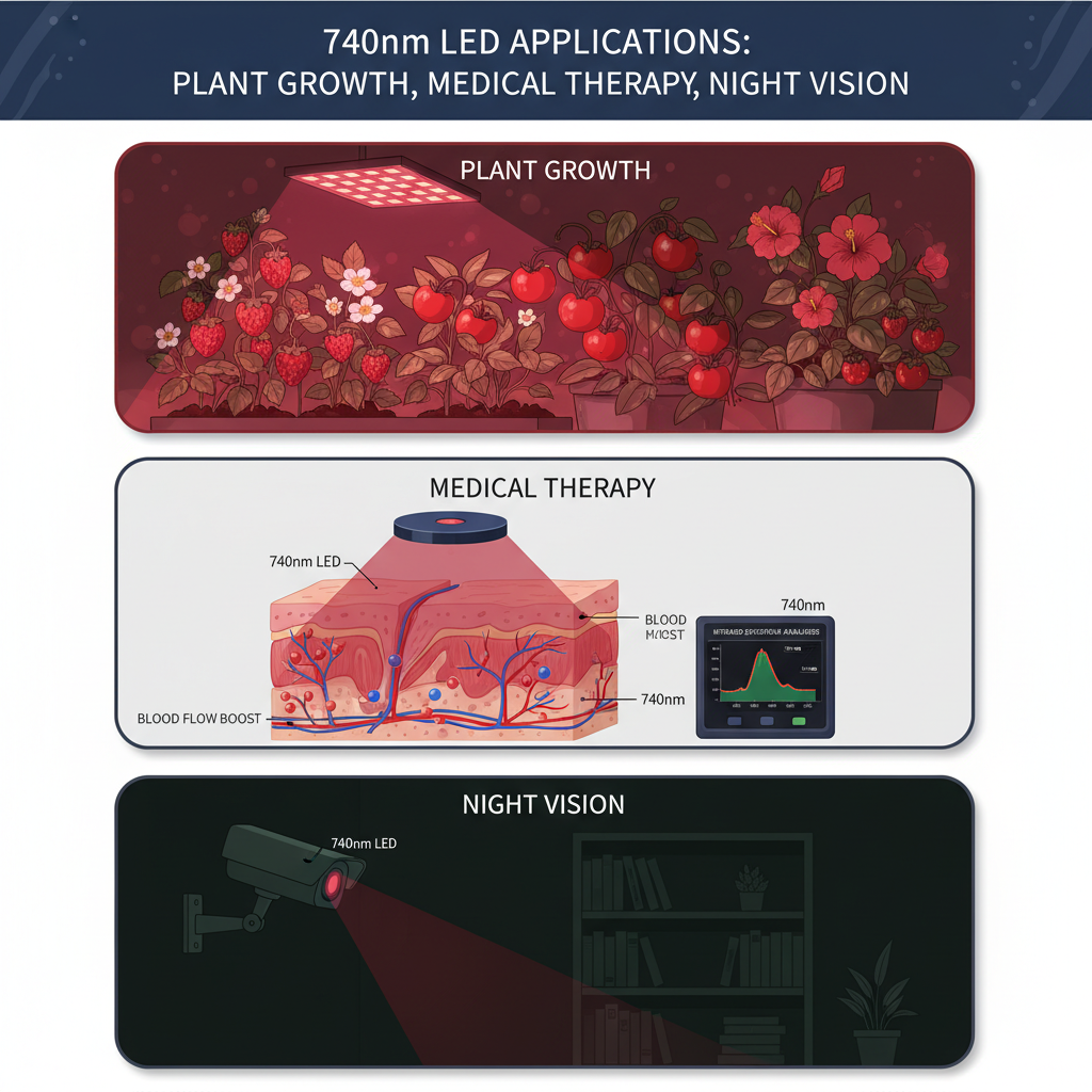 740nm LED灯珠在植物生长、医疗理疗和夜视监控中的应用示意图。