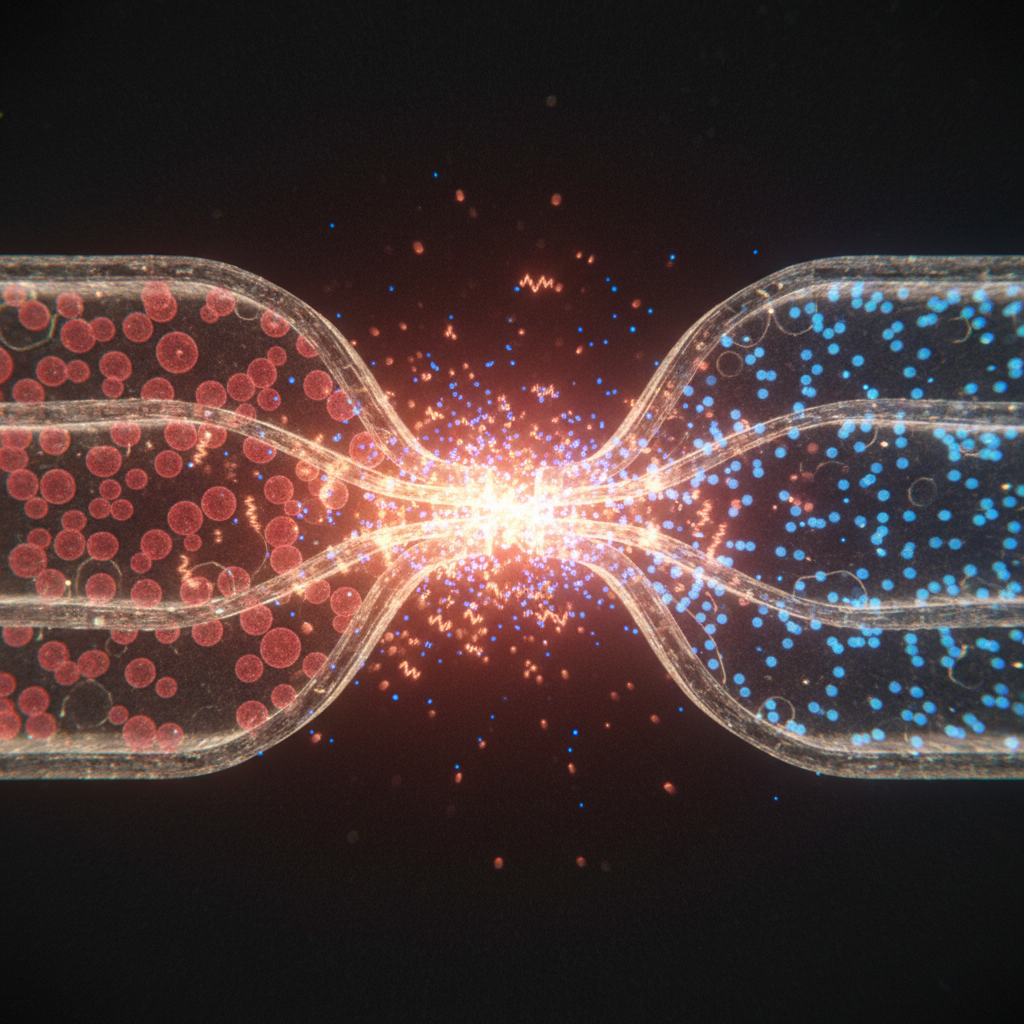 微距视角下的半导体P-N结核心工作原理图。蓝色电子与红色空穴在结区结合,以微小的红外光子形式释放能量。该结构应高度细致,并散发出柔和的红外光晕,清晰展示红外LED的电致发光效应。