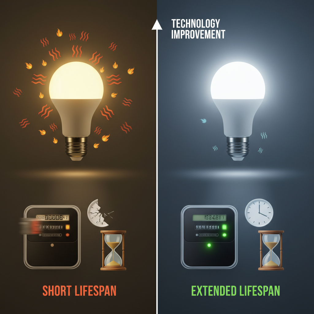 高低光电转换率LED灯具的对比图,强调能效和寿命的提升。
