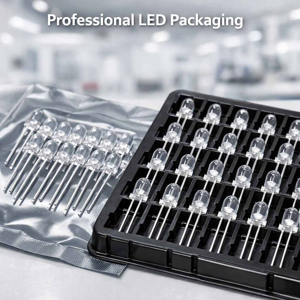 展示F5 LED直插灯珠在银灰色防静电袋和吸塑托盘中整齐排列的宏观特写，背景是干净的工业生产环境，标签显示“Professional LED Packaging”，突出专业严谨的初始包装状态。
