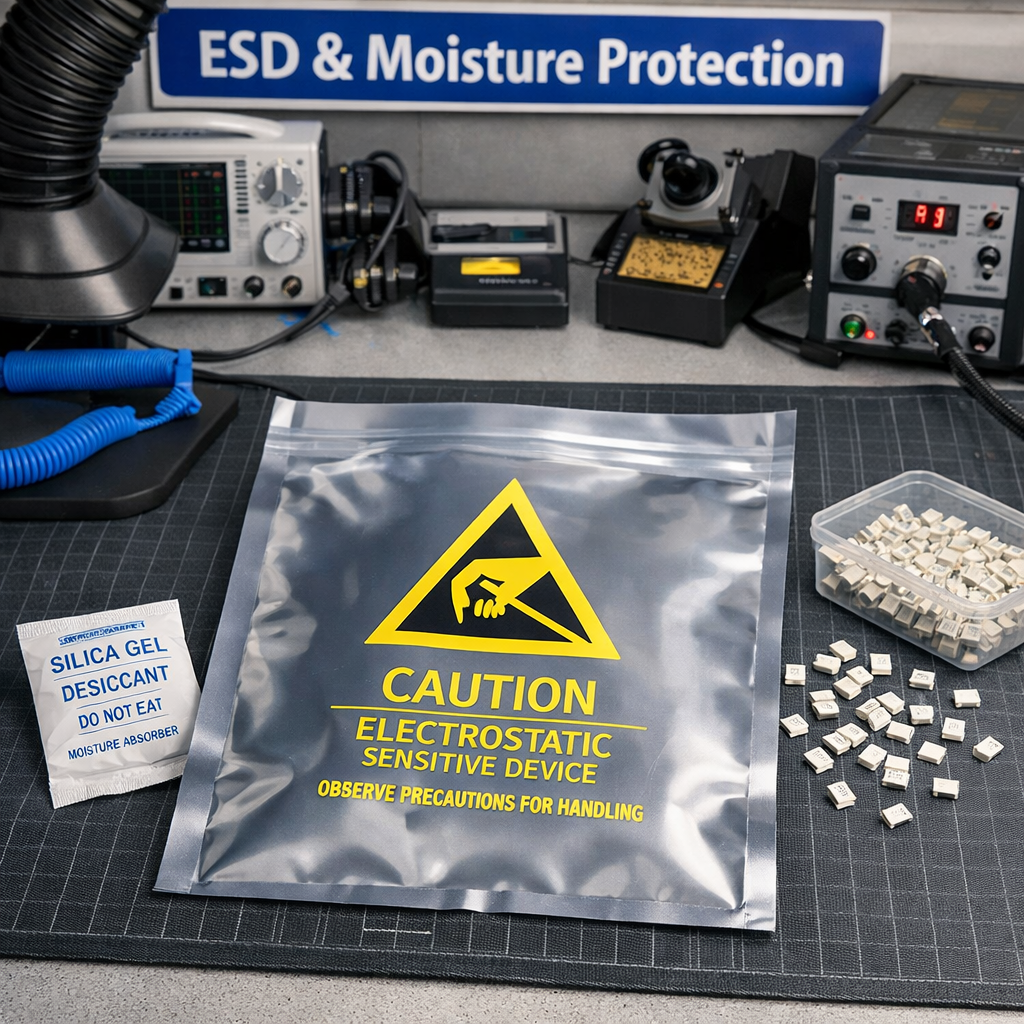 展示防静电工作站，半透明银灰色防静电屏蔽袋与黄色ESD警示标志清晰可见，旁有干燥剂和待装LED灯珠，强调“ESD & Moisture Protection”的核心防护流程，以应对静电失效和潮湿氧化。