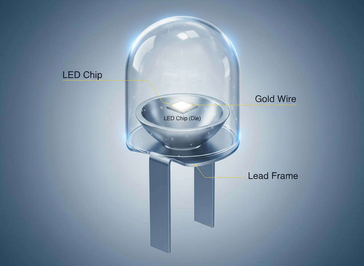 直插LED灯珠的3D剖面图，清晰展示LED芯片、金线、引线框架和环氧树脂透镜等内部结构