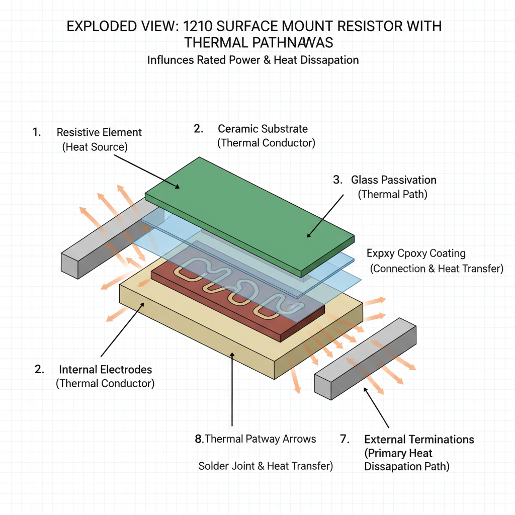 1210封装元件的内部结构剖面图,展示了电阻元件、电极和保护层以及热量传导路径