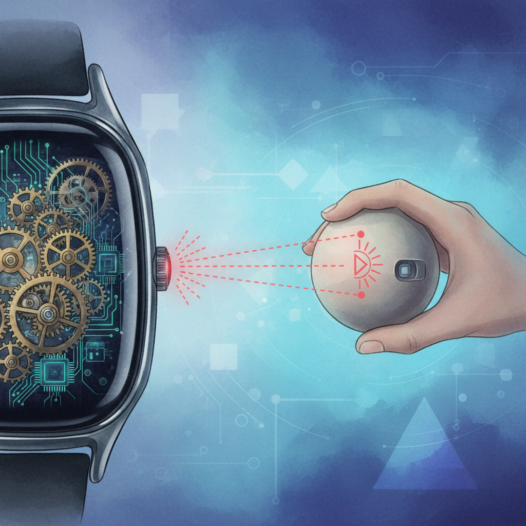 艺术化示意图:一个穿戴设备(如智能手表侧面)向外发射人眼不可见的红外光束(用虚线表示),光束照射到前方物体(如一只手),然后反射回设备内部的传感器。同时,设备内部有齿轮和电路板的抽象元素,代表信号处理过程。