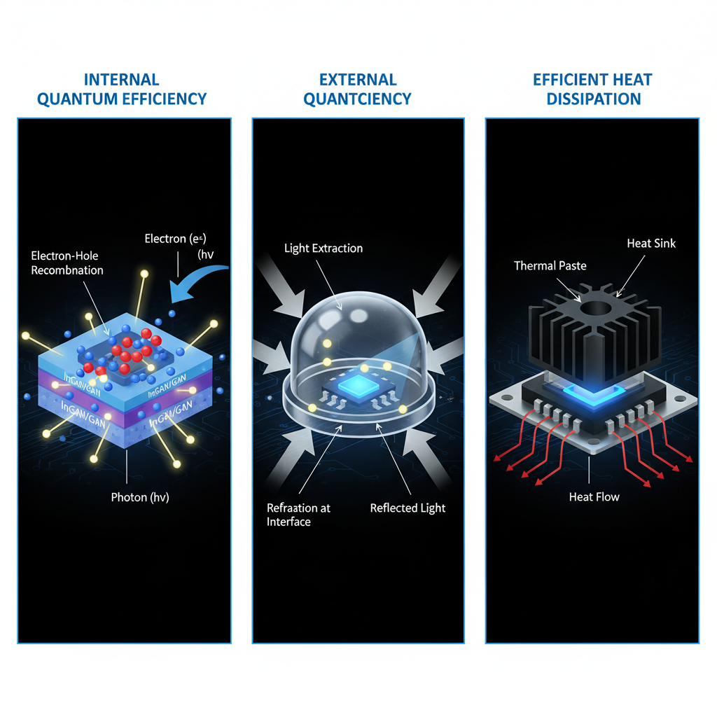 影响LED光电转换率的核心技术因素:内部量子效率、外部量子效率和高效散热系统的三联图。