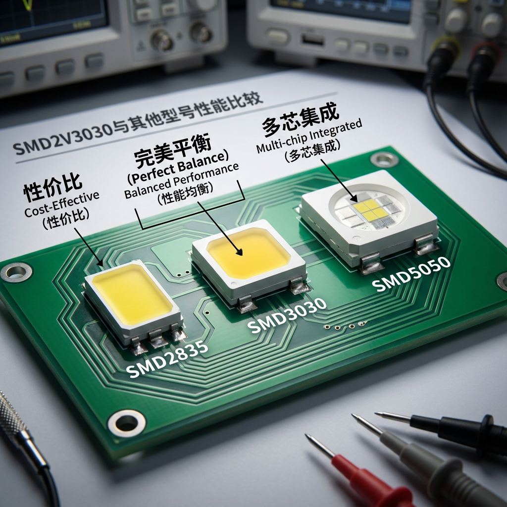 SMD2835、SMD3030和SMD5050 LED灯珠在PCB板上的视觉对比，突出3030的性能均衡