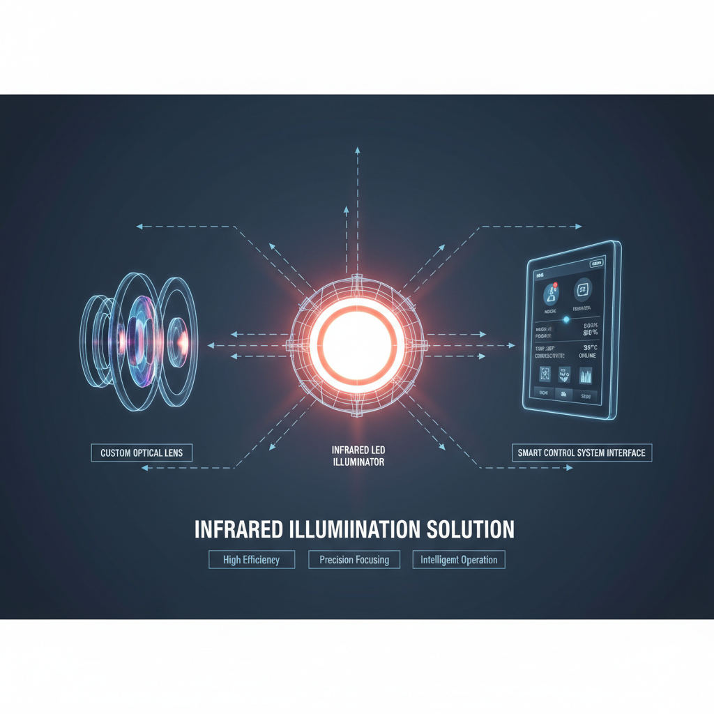 红外补光解决方案分解图，展示红外LED补光灯、定制光学透镜和智能控制系统三大核心组件及其协同工作原理。
