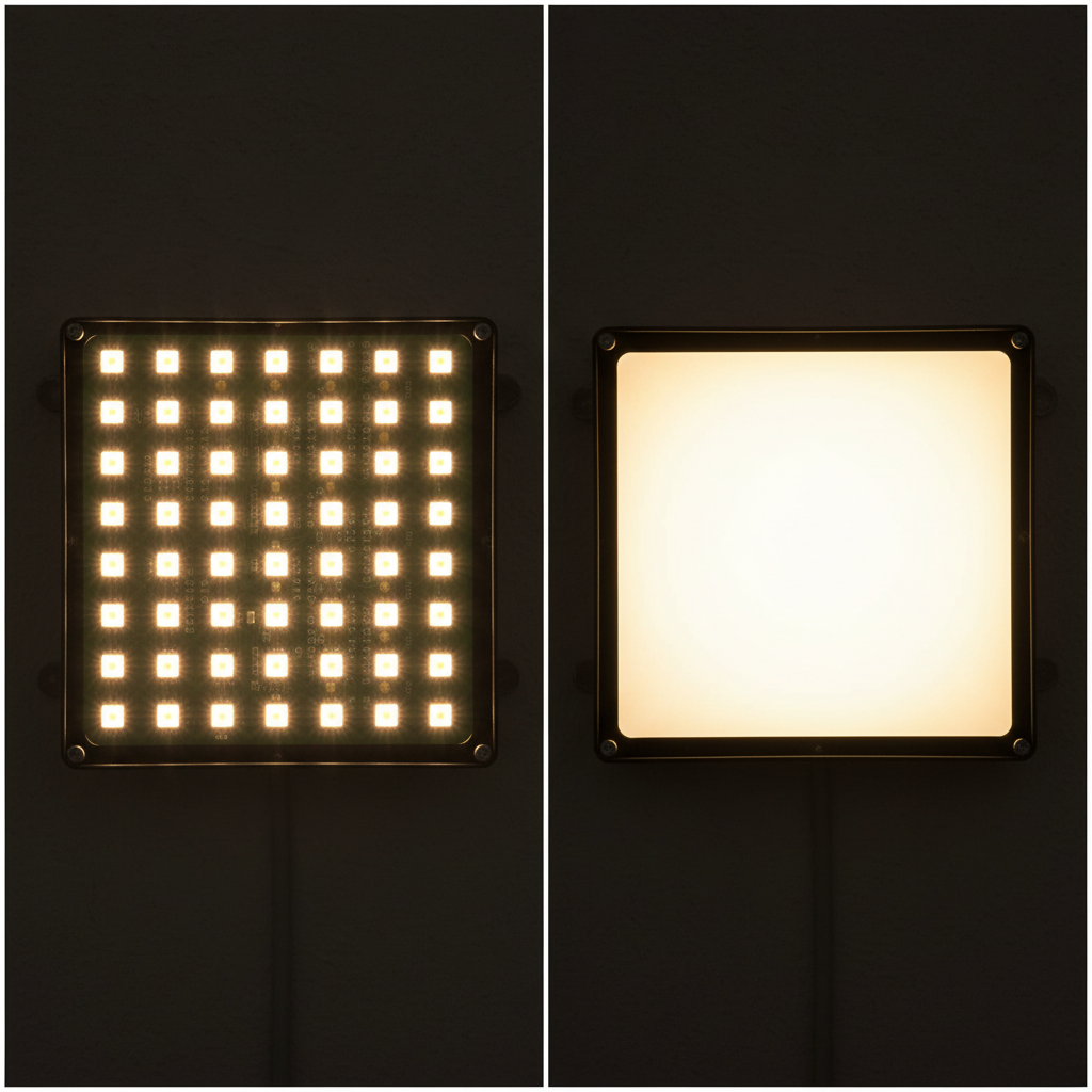 左右对比图:左侧描绘一个SMD灯板,由多个独立的、清晰可见的LED点光源组成,光线略显分散。右侧描绘一个COB灯板,呈现为一个统一、均匀发光的面光源,光线柔和集中。强调两者的视觉差异。