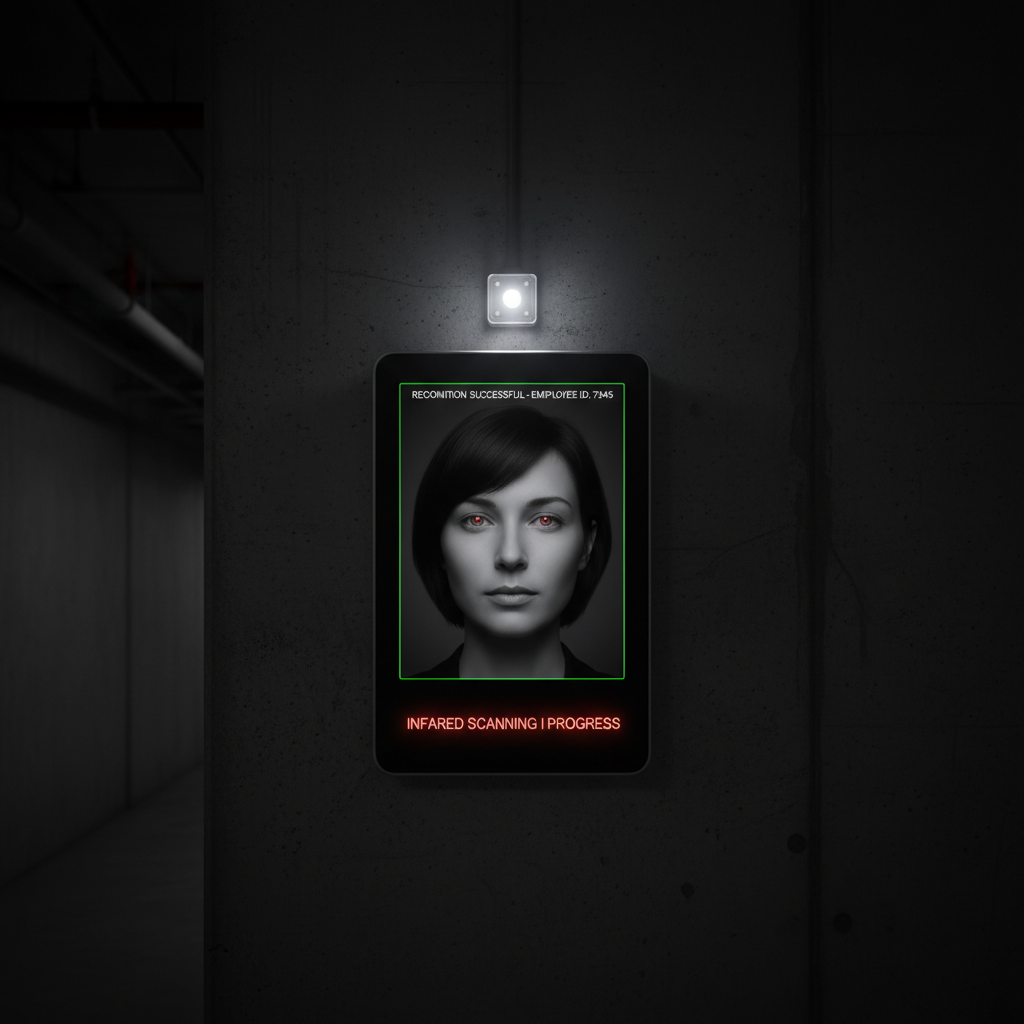 昏暗走廊里,人脸考勤机通过微型超薄红外灯珠发射不可见红外光,精准照亮员工面部,使其轮廓清晰无阴影,展现了红外补光在低光环境下实现精准人脸识别的核心作用。