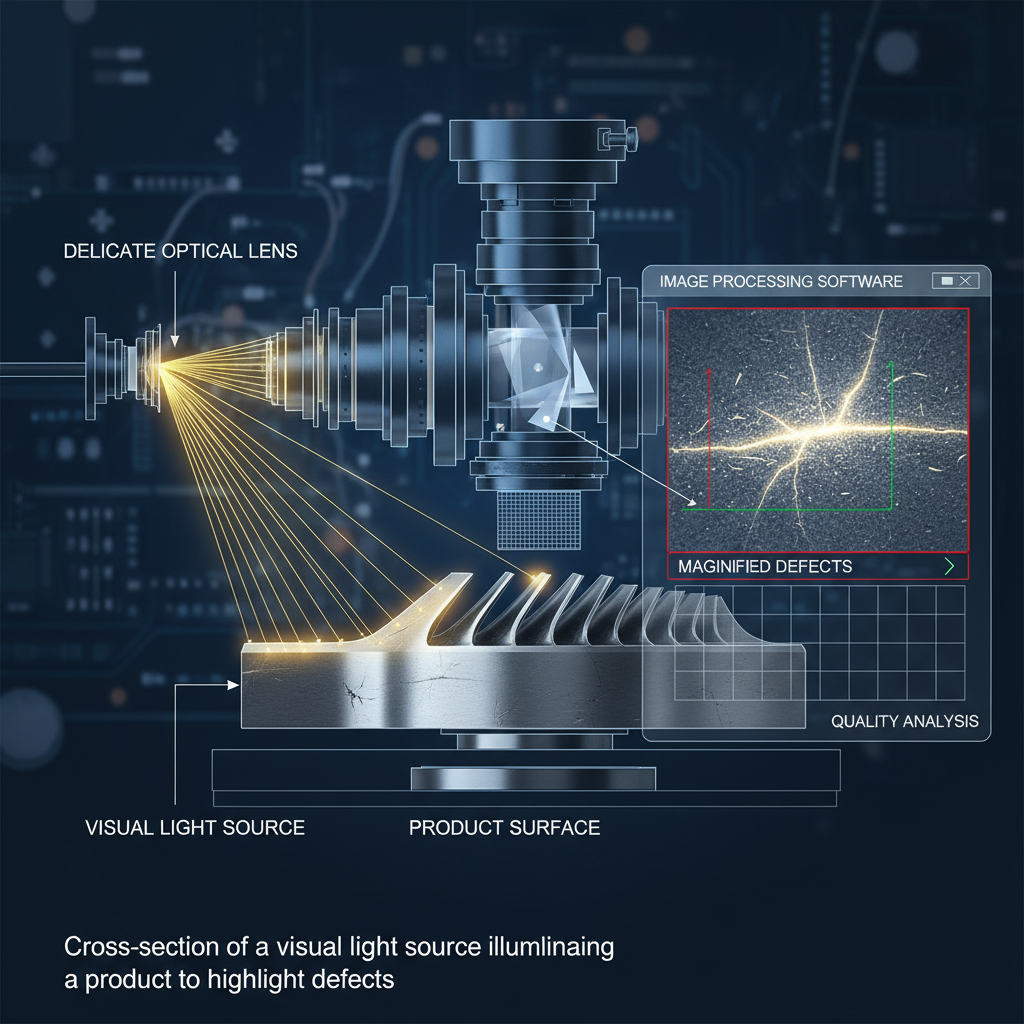 展示了视觉光源的基本工作原理,光线通过光学透镜照射到产品表面,突出瑕疵如划痕,然后图像处理软件进行分析,从而优化图像对比度,确保检测准确性。