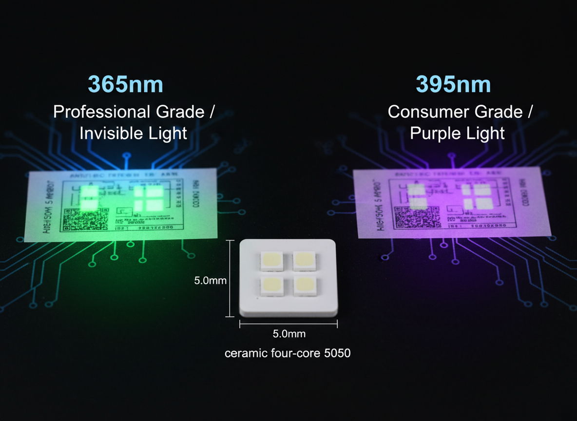 365nm与395nm紫光灯珠在荧光激发和可见光上的差异对比，以及陶瓷四芯5050灯珠的特写
