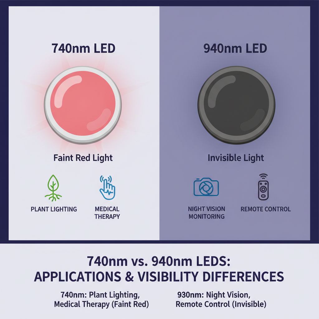 740nm与940nm LED灯珠对比图:展示了740nm灯珠的微弱可见红光及其在植物照明和医疗理疗中的应用,以及940nm灯珠的完全隐蔽性及其在夜视监控和遥控器中的应用。