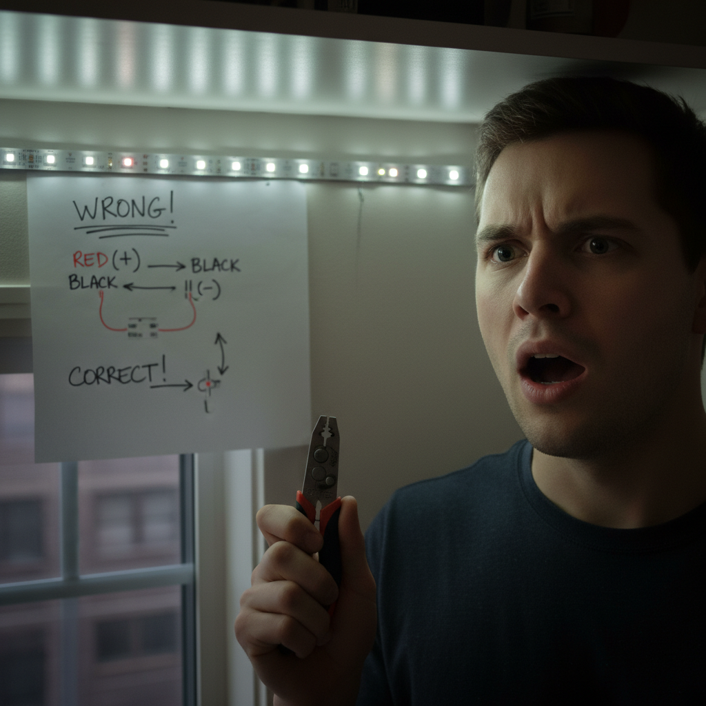 一个人沮丧地看着一根刚安装好却不亮的LED灯带,旁边有红黑电线反接的示意,灯带局部有轻微闪烁后熄灭的效果,营造出“糟了”的心情。