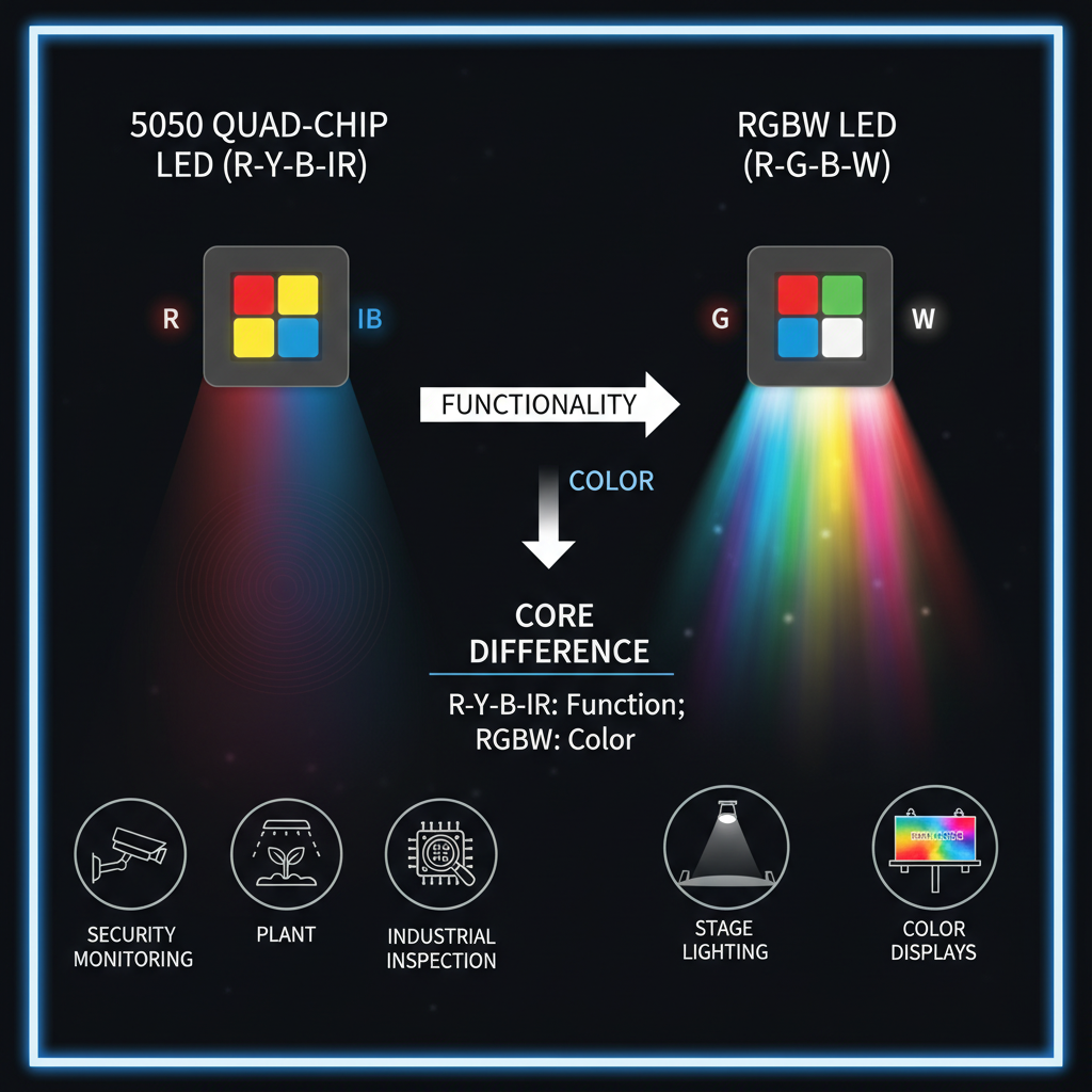 5050四合一灯珠与RGBW灯珠的对比图，展示两种灯珠在功能和应用场景上的差异，强调R-Y-B-IR的功能导向和RGBW的色彩导向。
