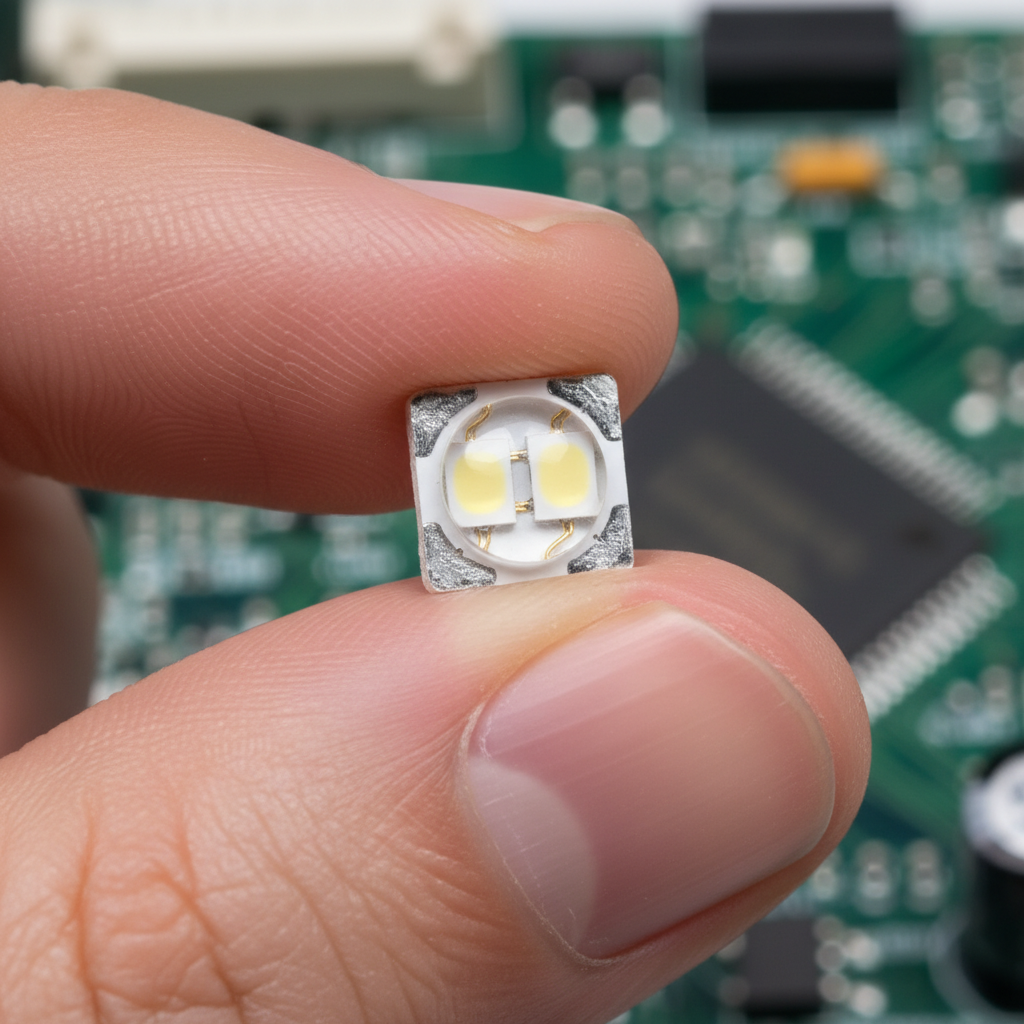 工程师指尖的5050 SMD LED灯珠特写,展示其5.0mmx5.0mm的精密尺寸与内部芯片结构。