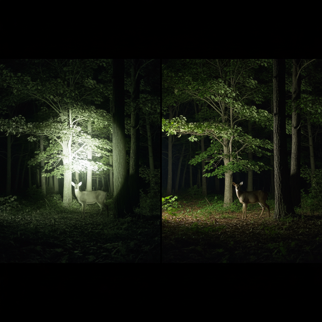 对比图显示,左侧夜视画面因光束角过小导致中心过亮四周漆黑的“手电筒效应”,右侧画面通过合理光束角实现了均匀清晰的夜视效果。