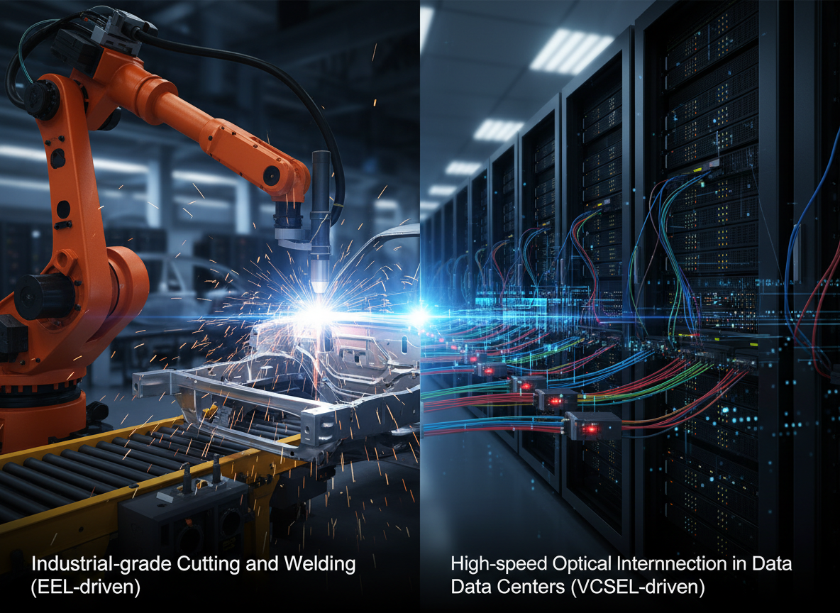 半导体激光器在工业加工与数据通信中的应用：EEL用于工业焊接，VCSEL用于数据中心光互联。