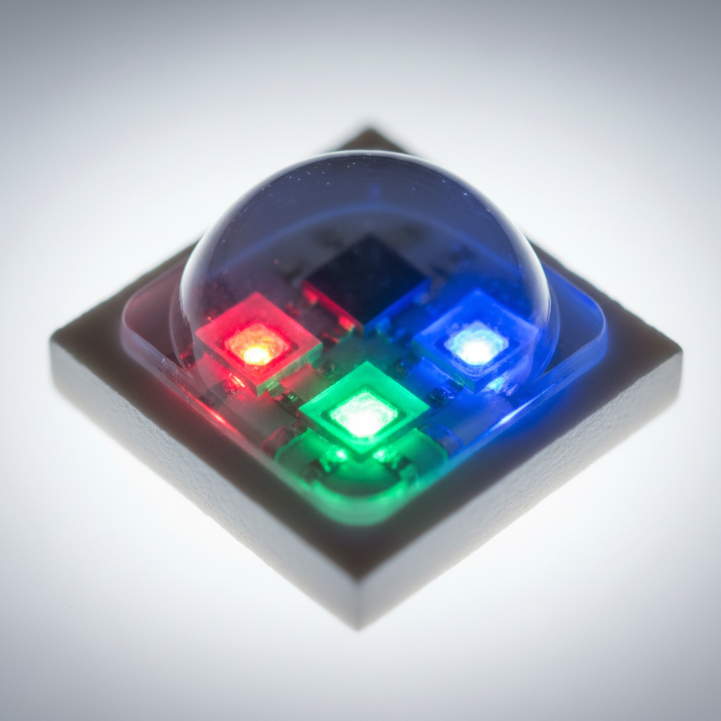 一个5050 LED灯珠的超微距特写,清晰展示其5.0x5.0mm的方形封装尺寸和内部三颗独立的微小LED芯片,其中一颗发出红色光,一颗绿色光,一颗蓝色光,强调其RGB或高亮度特性。