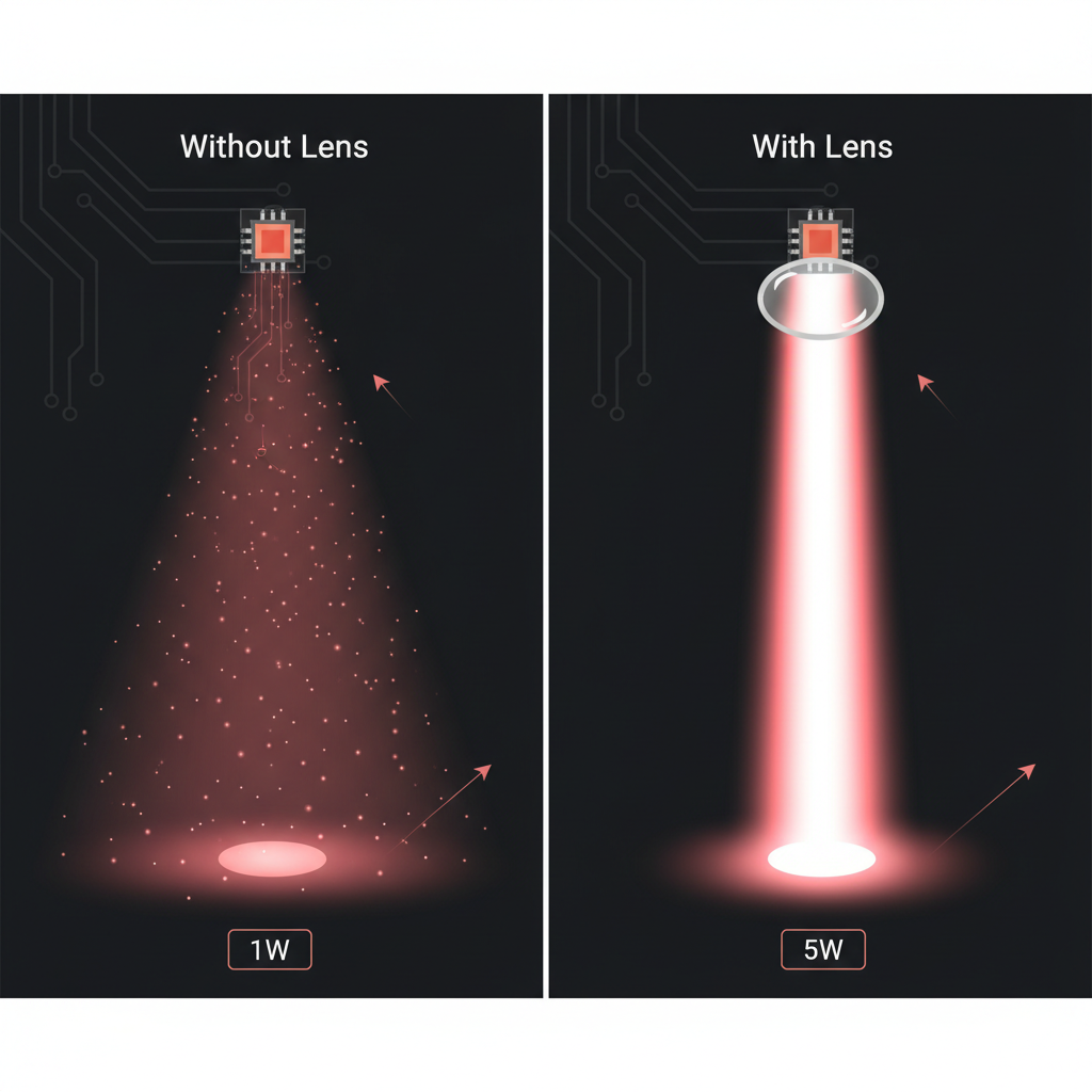 左右对比图:左侧是没有透镜的红外LED,光线散乱;右侧是加装透镜的红外LED,光线被精准聚焦成强烈的窄角度光束,投射到远处目标,强调透镜在光效和光束角控制上的重要作用,并暗示功率等级对光束强度的影响。