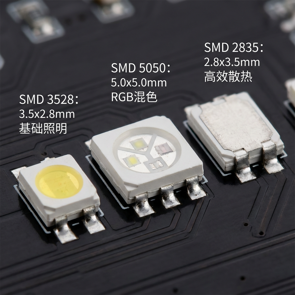 SMD 3528、5050、2835 LED芯片微距特写，展示其尺寸和结构差异：SMD 3528用于基础照明，SMD 5050可进行RGB混色，SMD 2835则以高效散热著称。