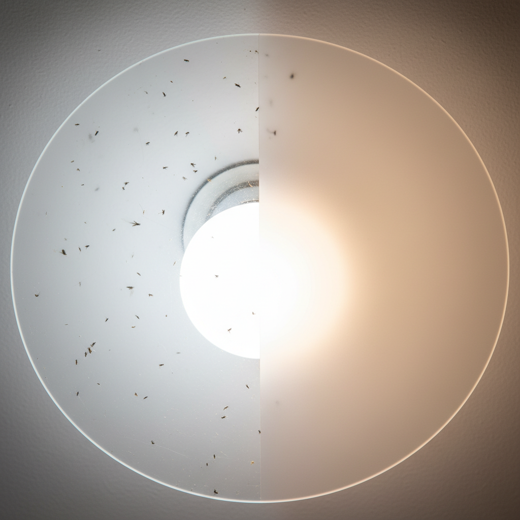 一只手正在小心翼翼地将吸顶灯灯贴粘贴到灯罩上,另一只手持刮板辅助,确保没有气泡,展示了湿贴法的操作过程。