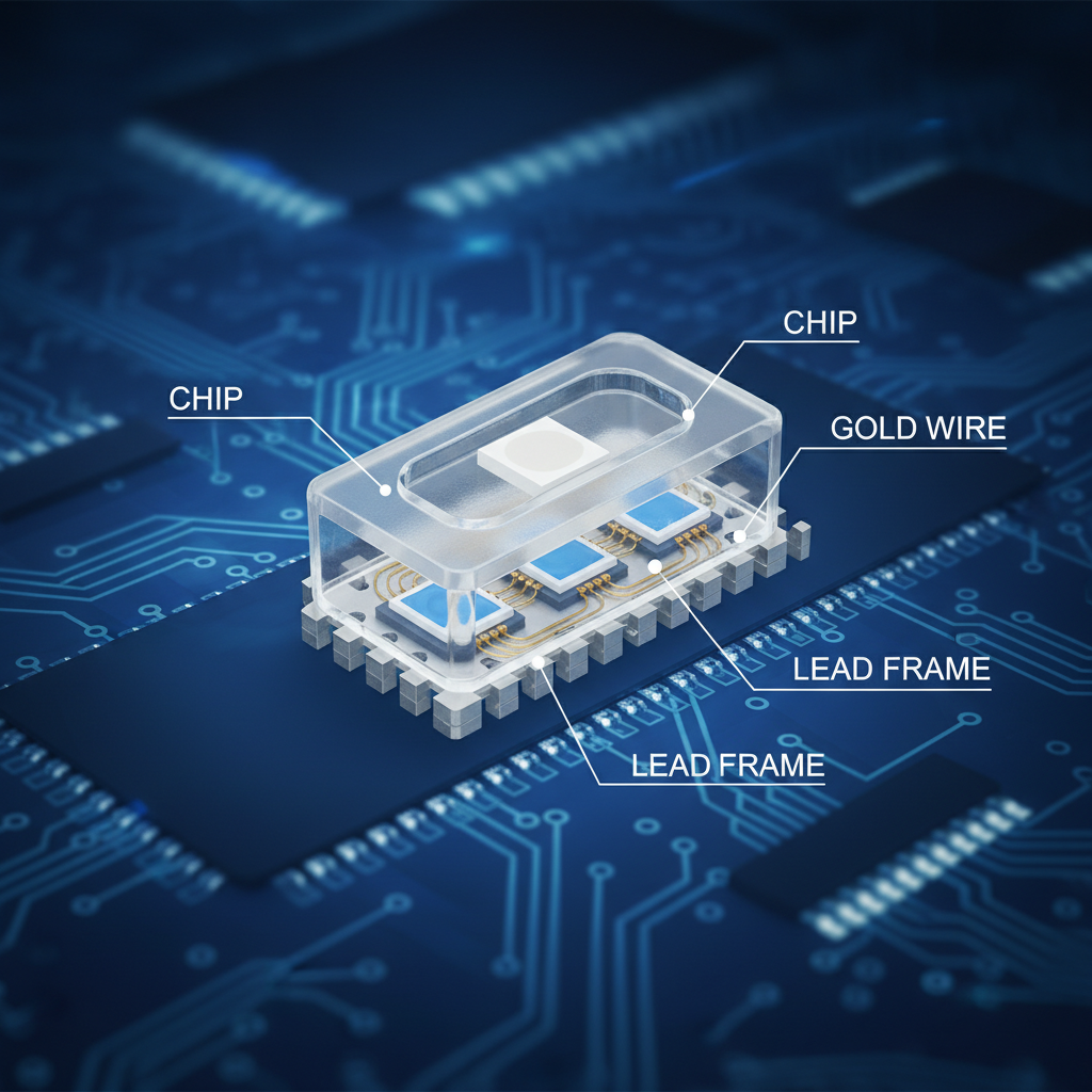 5050灯珠内部结构横截面展示:芯片、金线、支架与封装胶一览无余