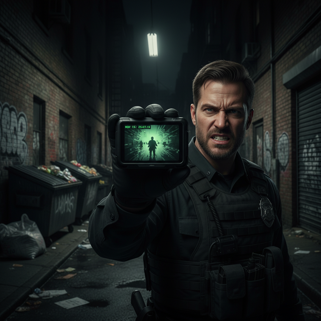 一名执法人员在黑暗、光线昏暗的小巷中,手持执法记录仪 (执法仪)。记录仪屏幕上显示着一个非常模糊、难以辨认的夜视画面,细节不清。执法人员面露担忧和沮丧之色,反映了夜间执法取证的困难,强调了红外补光灯珠的重要性。