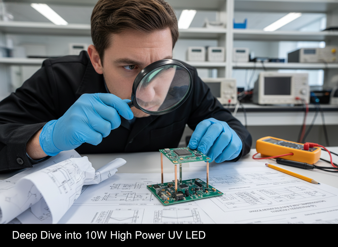 工程师正在仔细审视一颗5050 UV紫光灯珠，灯珠被放置在电路板上，工程师使用放大镜观察灯珠细节，周围散落着规格书和散热设计图纸，强调技术分析的严谨性。