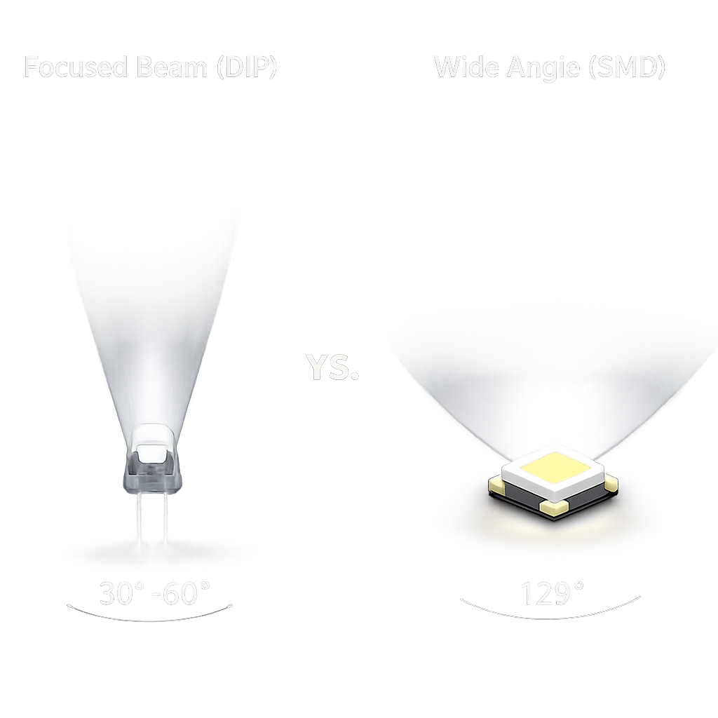 直插灯珠与贴片灯珠发光角度对比，形象展示直插灯珠的聚光效果和贴片灯珠的广视角