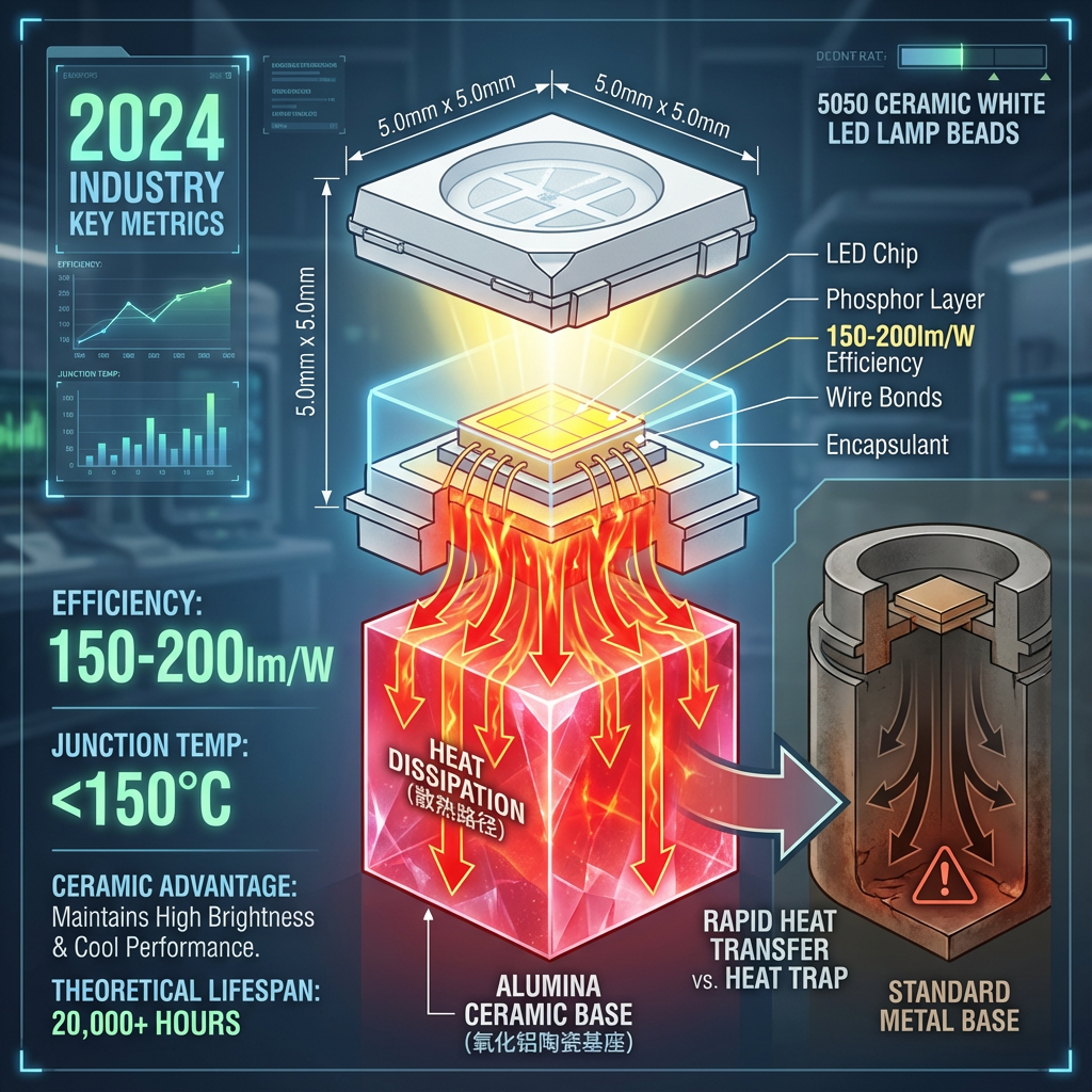 5050陶瓷白光LED灯珠内部结构剖面图,展示陶瓷基板卓越散热原理与关键性能参数,如光效和结温