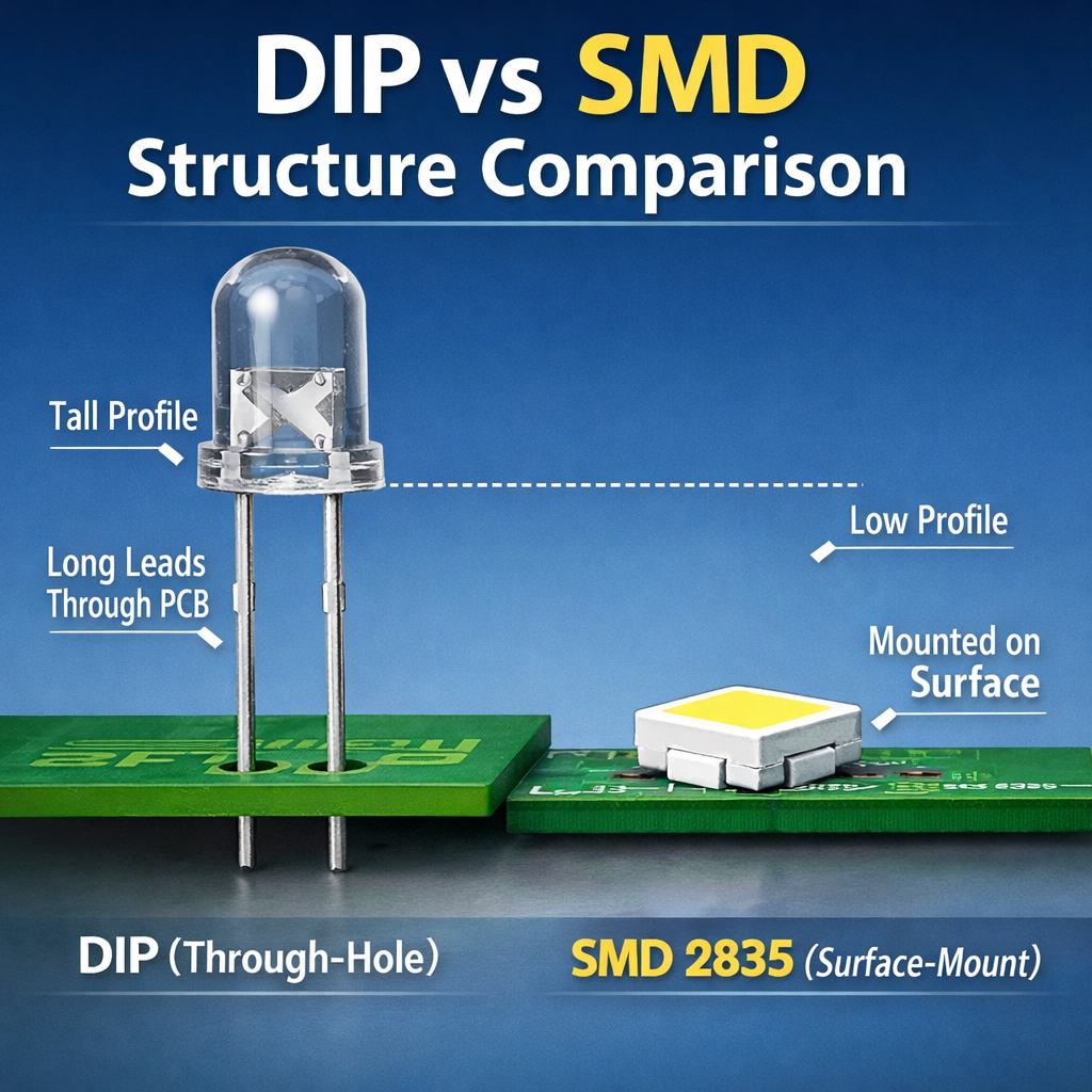 直插式灯珠（DIP）与贴片灯珠（SMD 2835）的并排对比示意图。左侧是具有长引脚、穿过电路板孔洞的F5直插灯珠；右侧是直接贴装在电路板表面的扁平SMD灯珠。对比两者的高度和体积差异，强调结构上的显著区别，画面包含英语注解：'DIP vs SMD Structure Comparison'。
