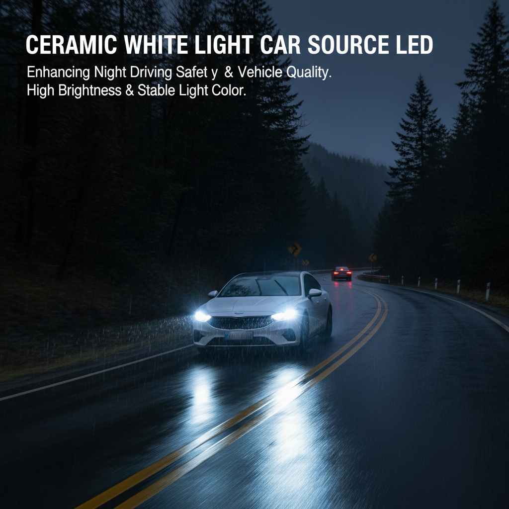 汽车夜间行驶，陶瓷白光LED车灯照亮前方，强调其提升行车安全和车辆品质的作用。
