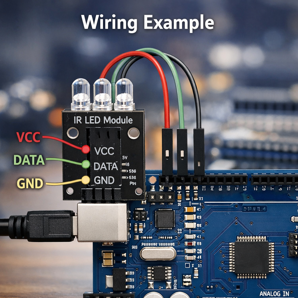 多接口红外LED模组与Arduino的接线示例，清晰展示VCC、GND和DATA引脚的连接方法。