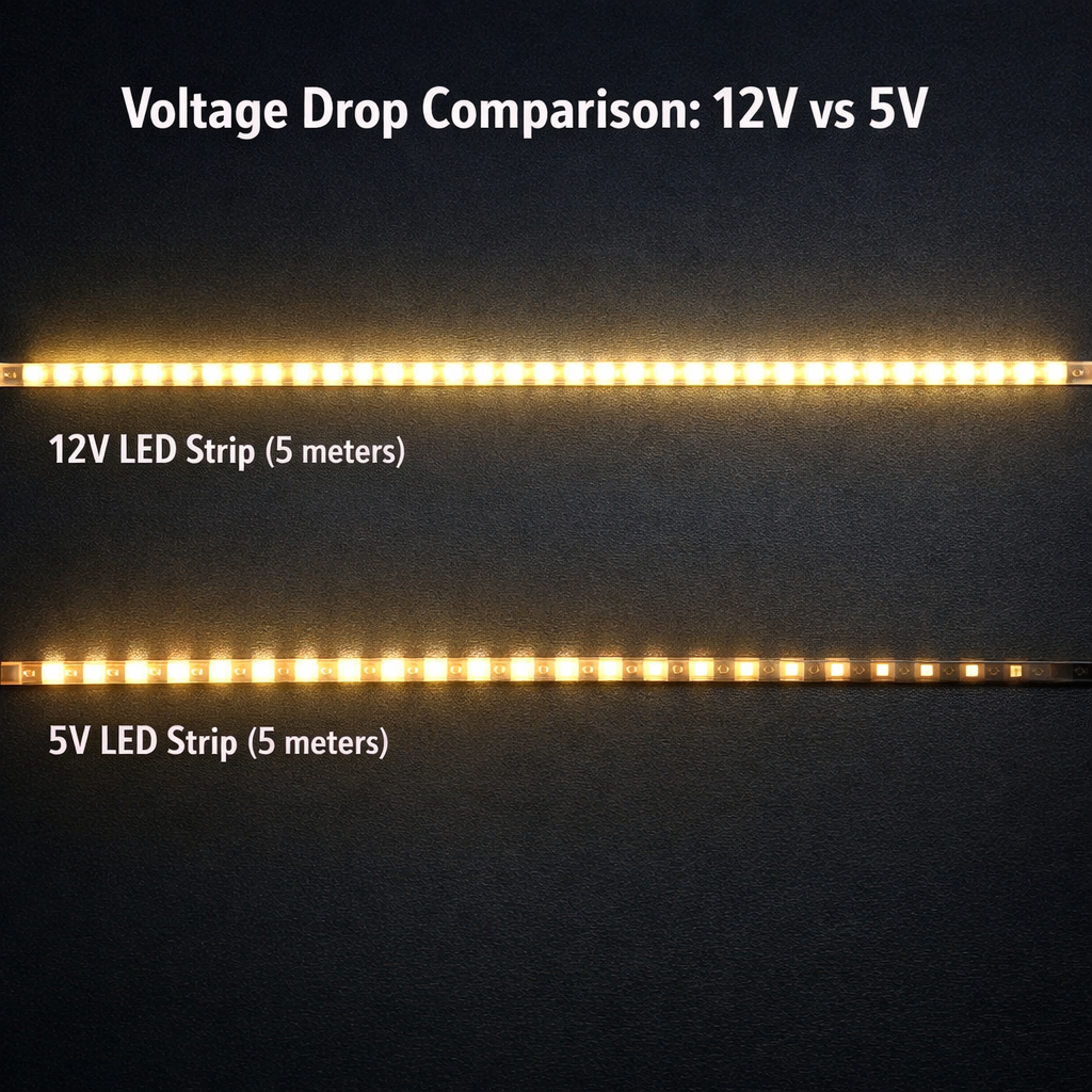 12V与5V灯带亮度对比示意图，展示5米长度下12V灯带亮度均匀，5V灯带末端亮度明显衰减的压降现象。
