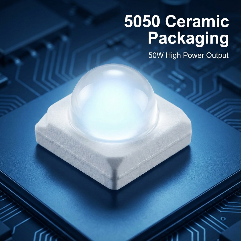 一颗微距特写下的5050陶瓷LED灯珠,纯白陶瓷底座和晶莹透镜,内部透出微光,标注“5050陶瓷封装”和“50W超大功率输出”,展示其小巧与强大能量。