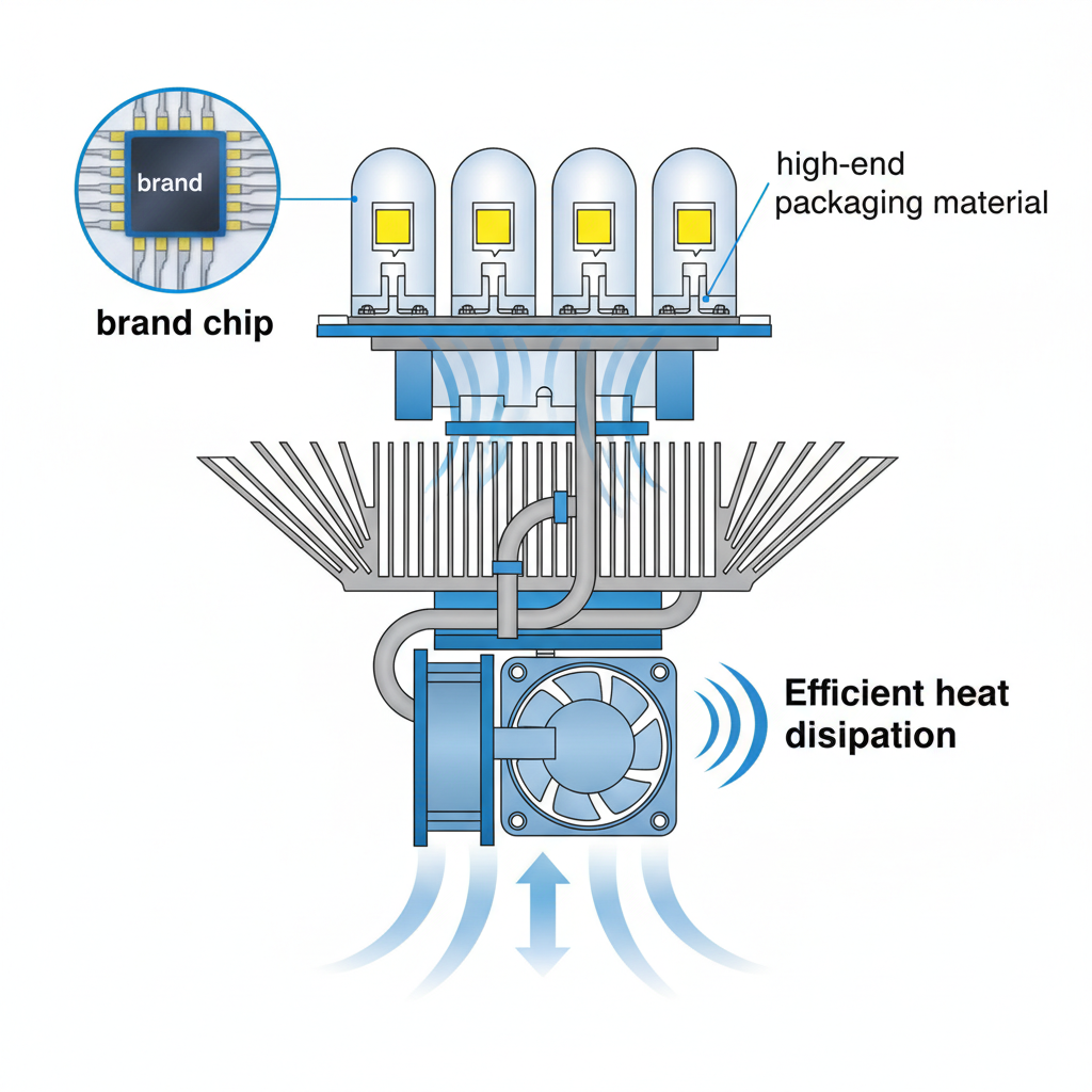 LED灯具内部结构示意图,展示了优质LED灯珠、品牌芯片、高端封装材料以及高效散热系统(如铝材散热器、风扇、热管),强调了散热设计对灯珠性能的重要性。